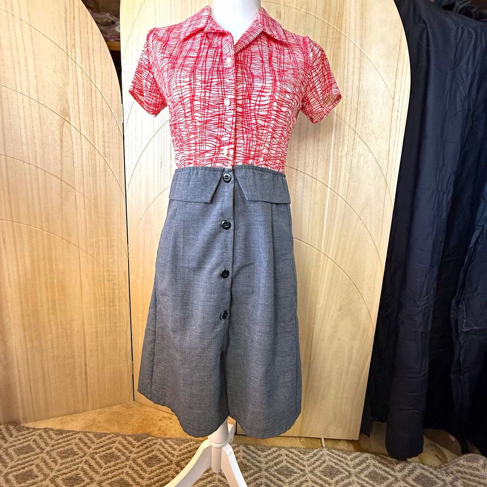 Urban Renewal Remade Vintage 70s Two Tone Red Grid A-Line Midi Dress S/M
